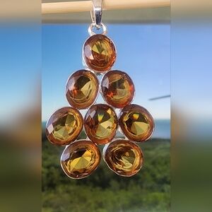 Amber Color Gemstone Pendant Cluster  Set In Sterling Silver Fine Jewelry Chunky